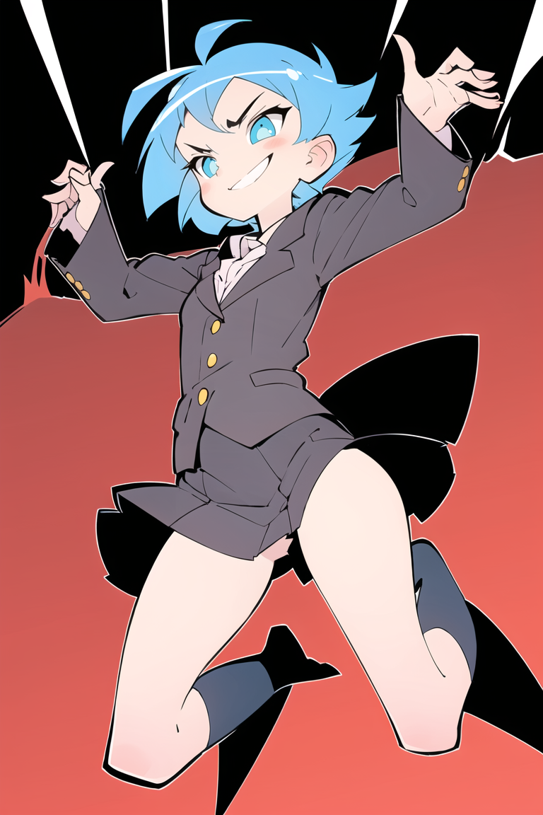 08152-1668161958-1girl, blue hair, short hair, from below, jumping, dynamic pose, suit , miniskirt, smirk, _, flat color, wide-eyed,.png